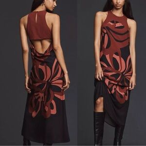 New Farm Rio Anthropologie Burgundy Orange Halter Floral-Print Maxi Dress Large